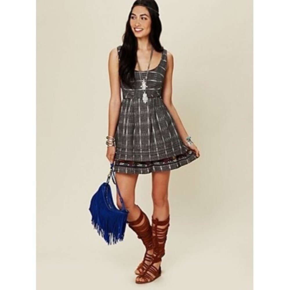New Romantics X Free People Ikat Gray Plaid Skater Fit & Flare Casual Mini Dress